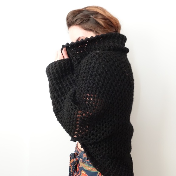 Oversized Shrug Chunky Knit Mesh Sweater BLACK